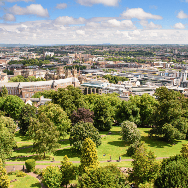 View of park and Bristol city centre buildings from Brandon Hill