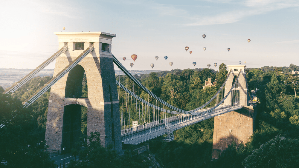 Hot air balloons flying over Bristol Suspension Bridge
