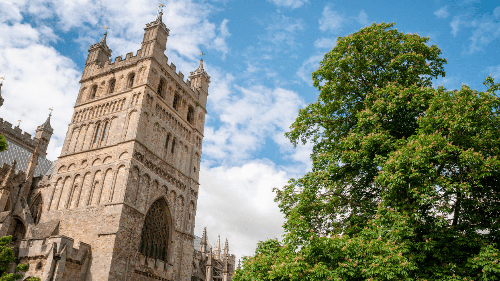 The North Tower of Exeter Cathedral on a bright day