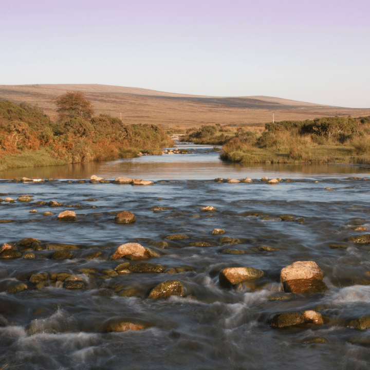 Moorland and flowing river on Dartmoor near Plymouth