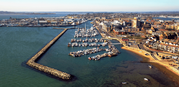 Aerial view of boats in Poole Harbour