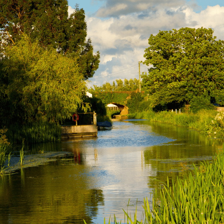 Canal in Somerset with a bridge at sunset