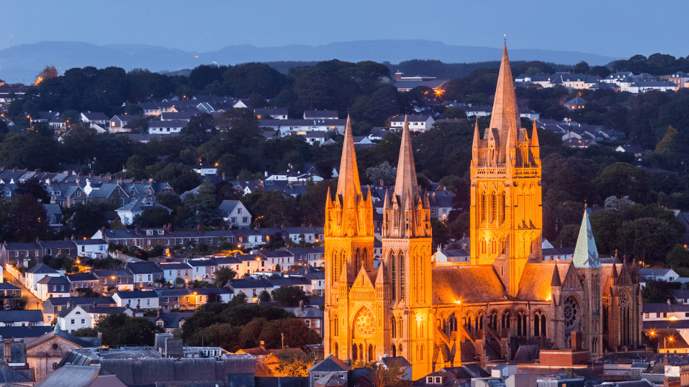 Truro Cathedral in the evening brightly lit up